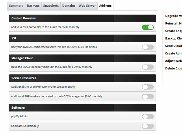 Image of the MODX Cloud Add-ons Tab which shows the toggles for activating each of the features including SSL, Managed Cloud and etc.