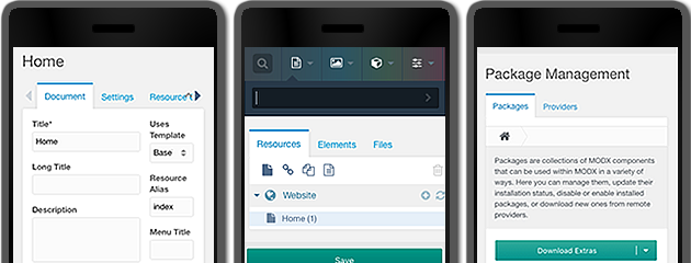 3 screens of the MODX Revolution 2.5 Manager simulating how it would look on a mobile device