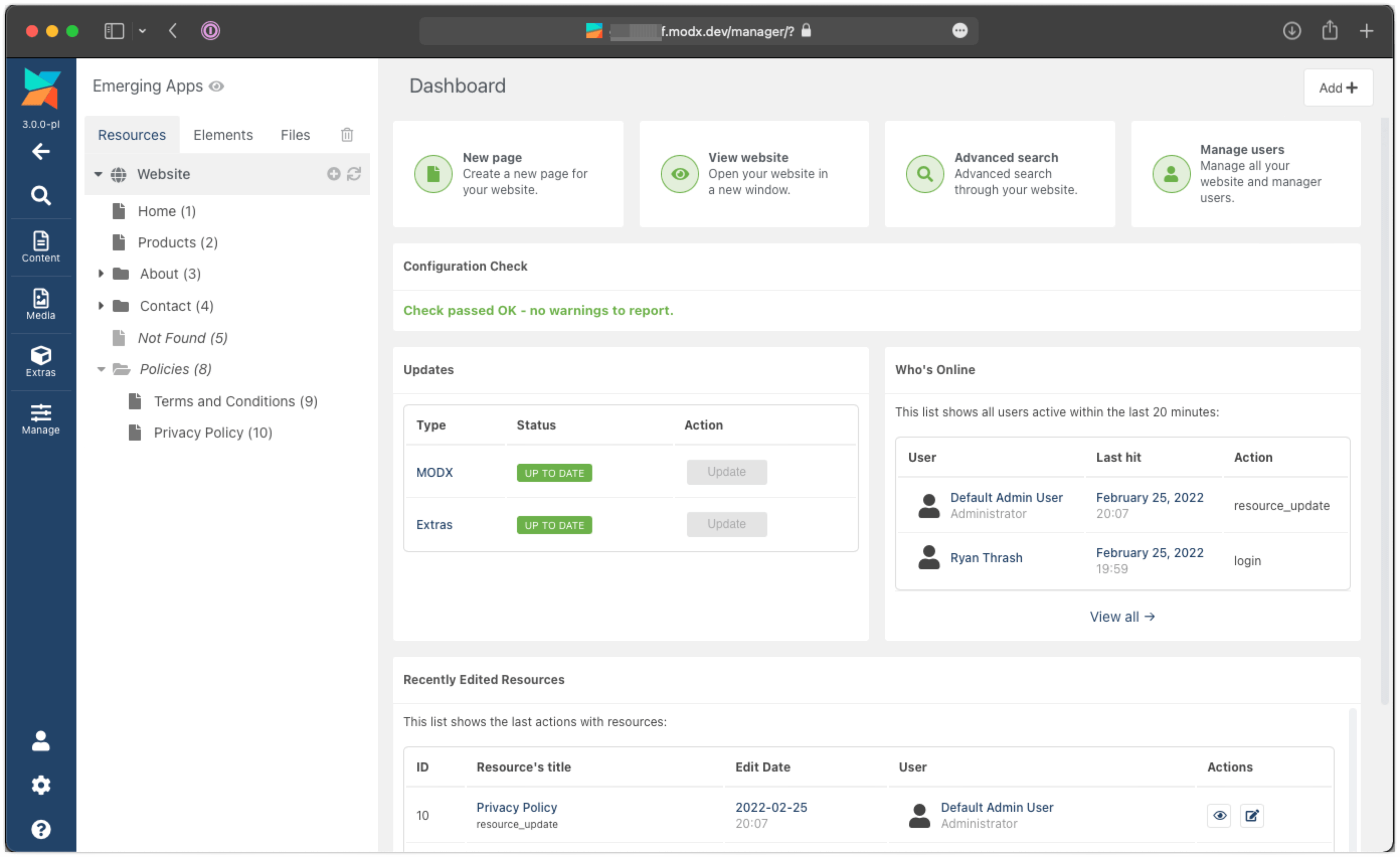 The MODX Revolution 3.0 Manager displaying the new user interface.
