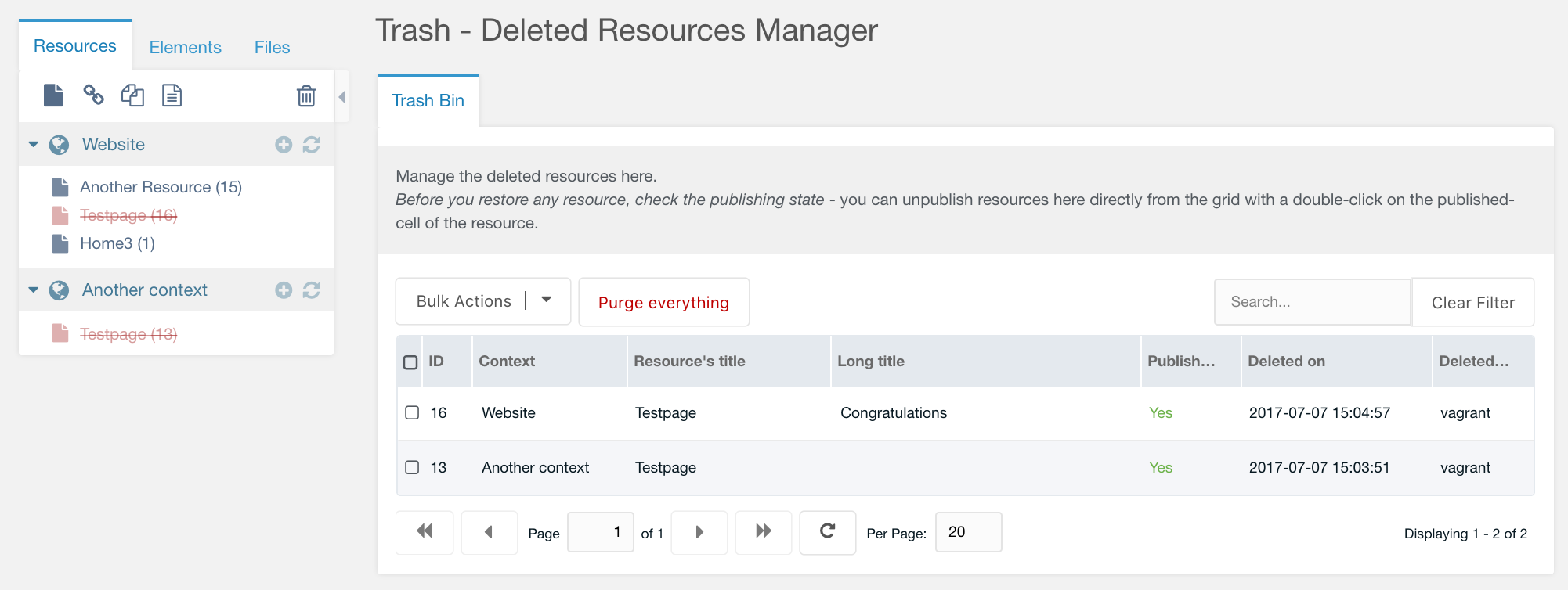 Trash Manager management grid for selective handling of deleted Resources